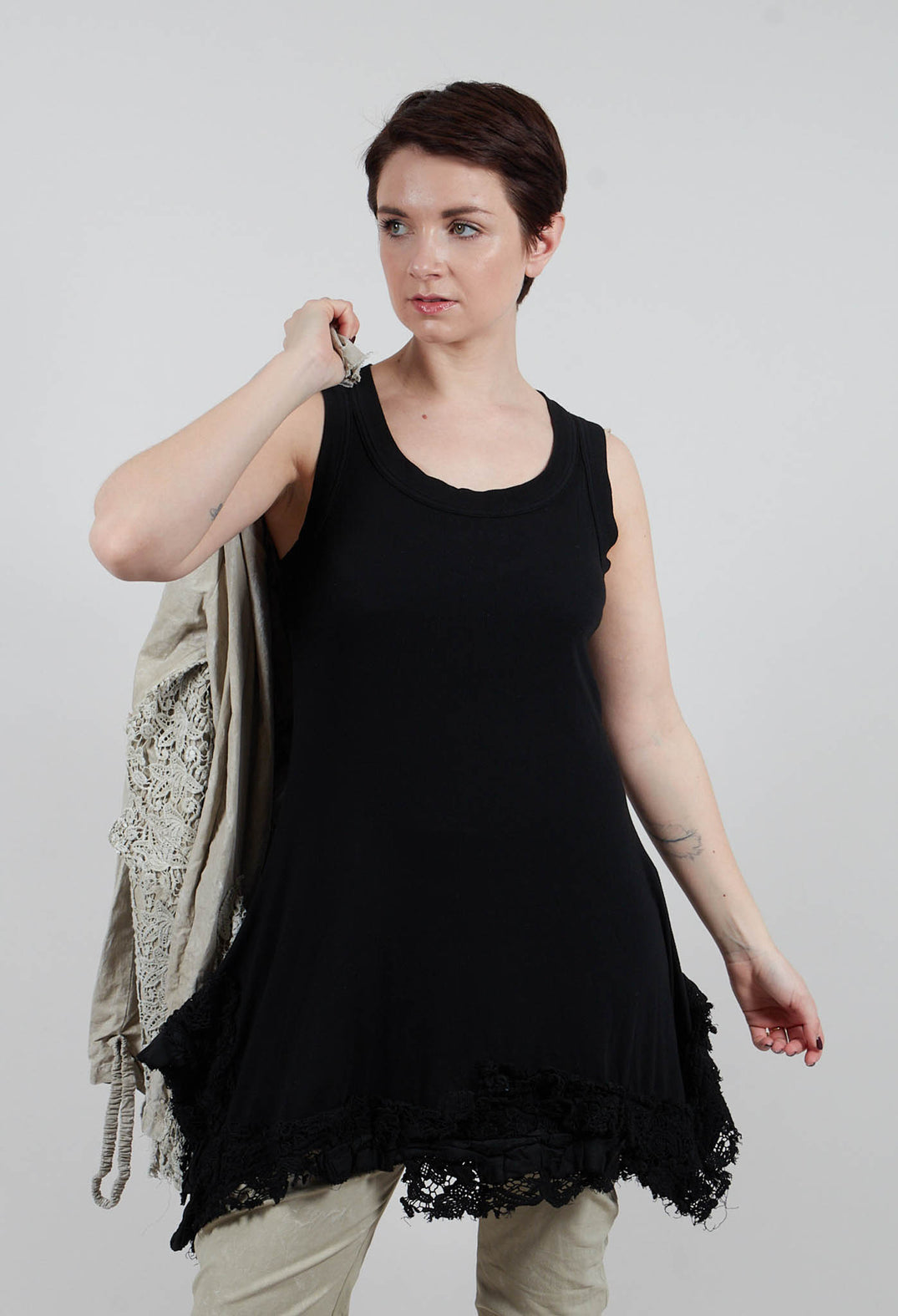 Sleeveless Top with Lace Hem in Black Gloss - 2180813