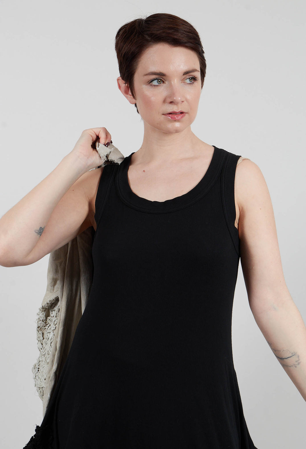Sleeveless Top with Lace Hem in Black Gloss - 2180813