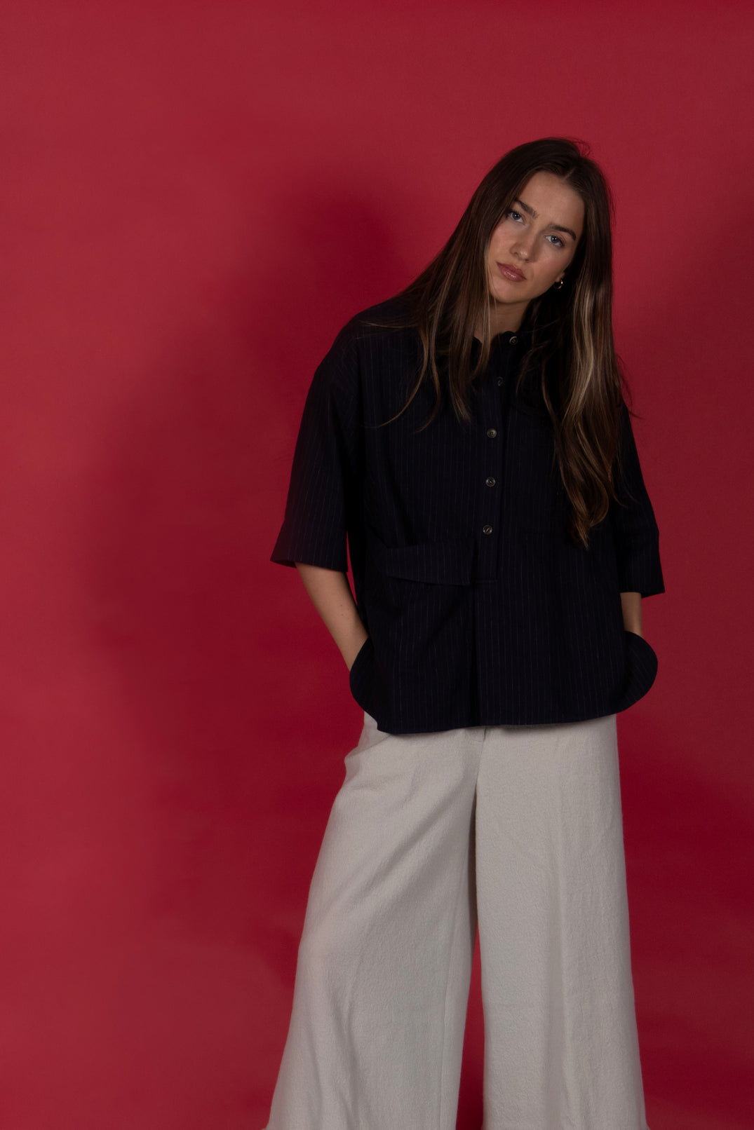 3/4 Sleeved Shirt with Statement Pocket in Navy Stripe