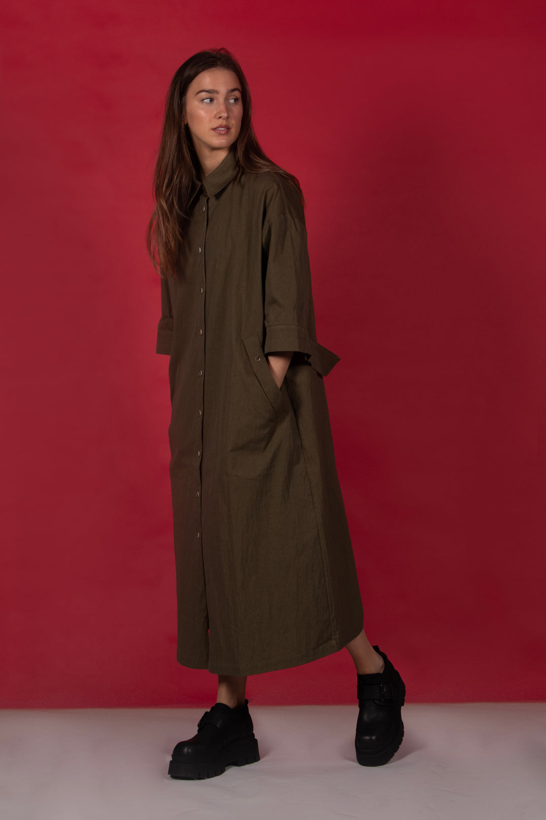 3/4 Sleeved Blouse Dress in Dark Khaki