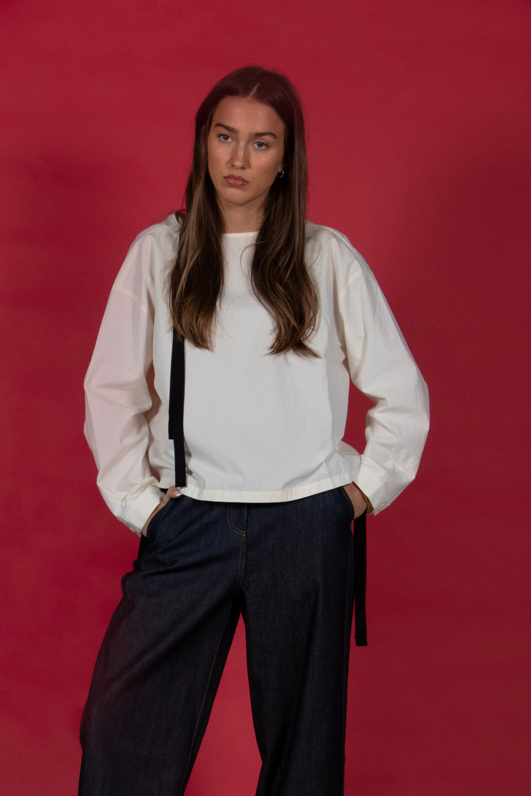 Short Blouse with Ribbon Tie Neck in Ivory