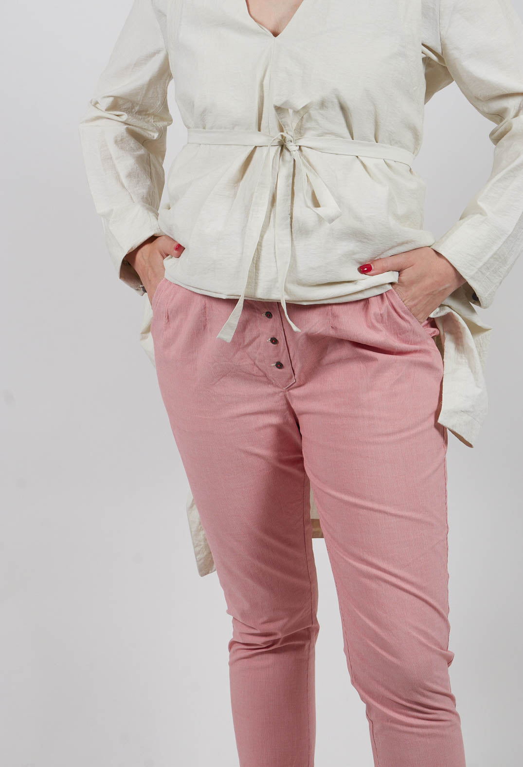 Straight Leg Trousers with Fine Red Stripe in Unique