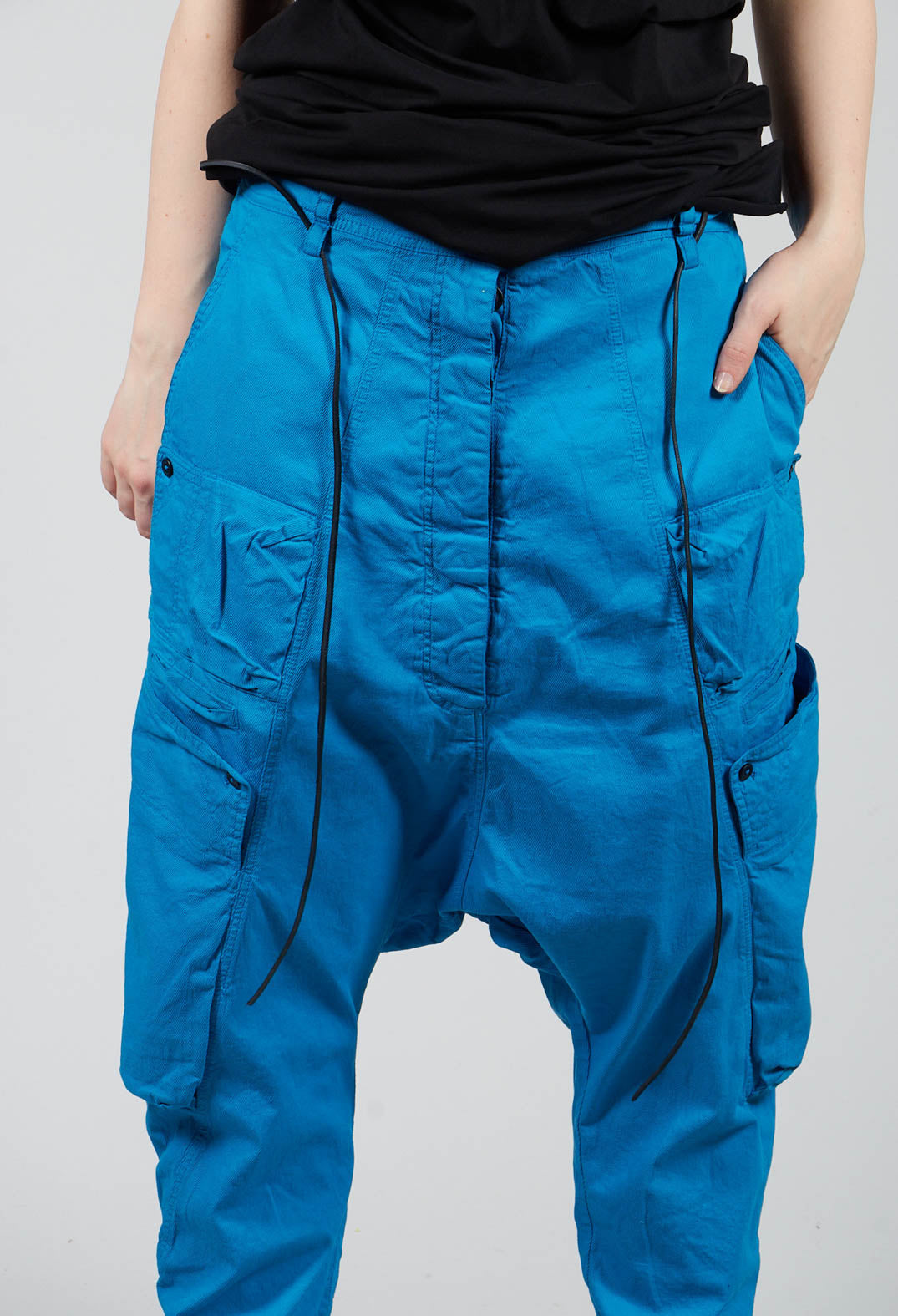 Long Leg Drop Crotch Trousers in Blue