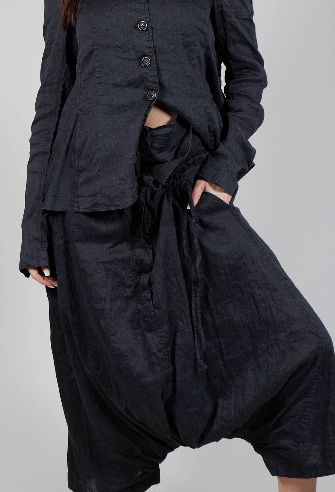 Layered Drop-Crotch Trousers in Blk Melange