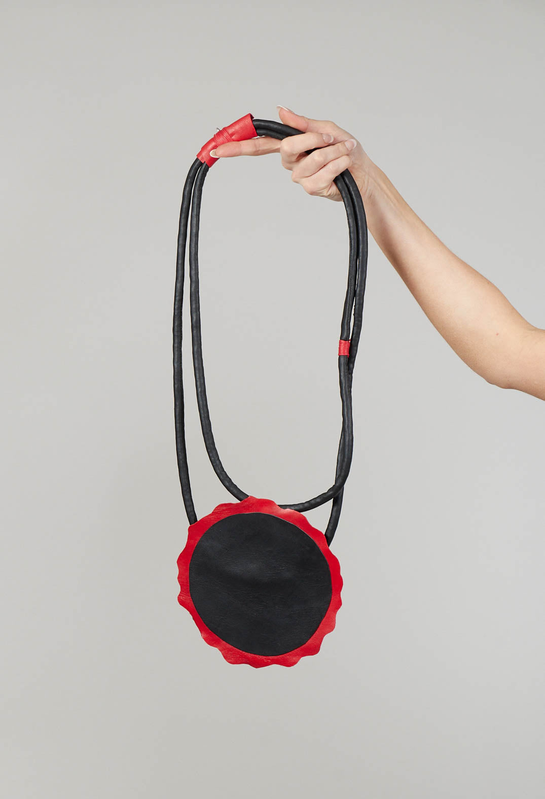 Leather Disc Necklace in Black and Red