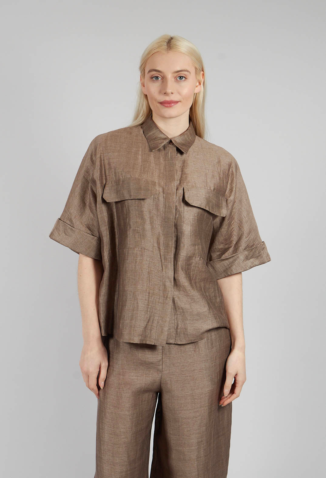 Linen Blend Shirt with Large Pockets in Marmotta