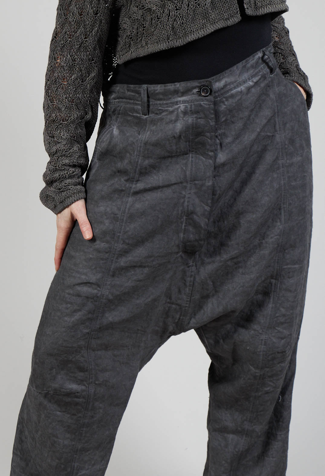 Linen Drop-Crotch Trousers in Coal Cloud
