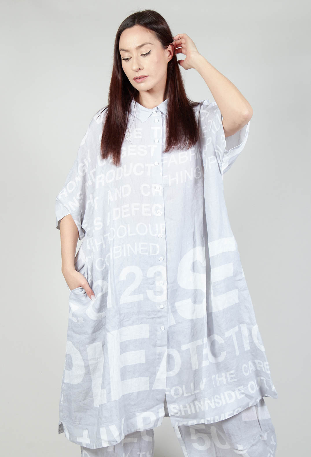 Linen Shirt Dress with Large Lettering in Grey Print
