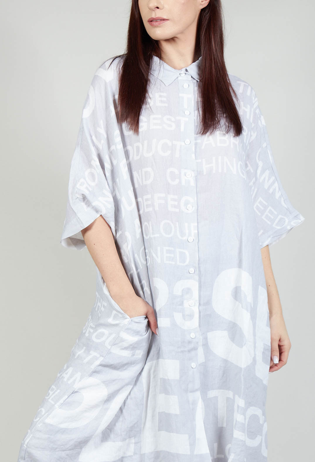 Linen Shirt Dress with Large Lettering in Grey Print