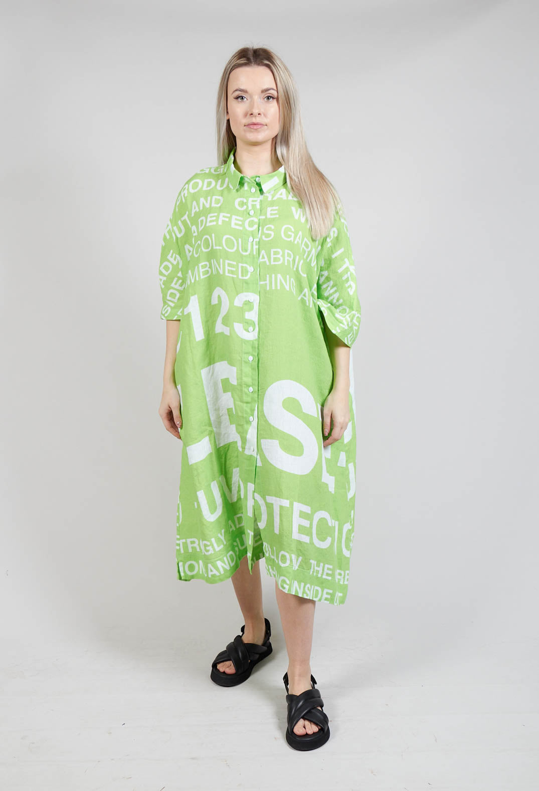 Linen Shirt Dress with Large Lettering in Lime Print