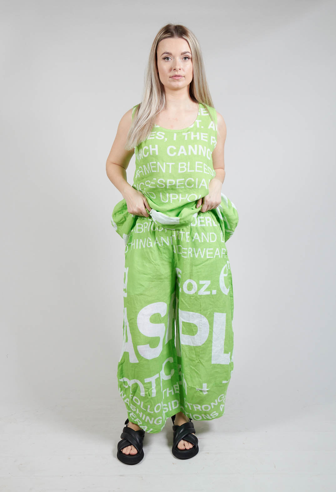 Linen Trousers with Large Lettering in Lime Print