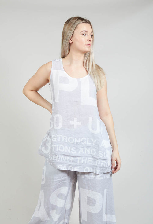 Linen Vest Top with Large Lettering in Grey Print