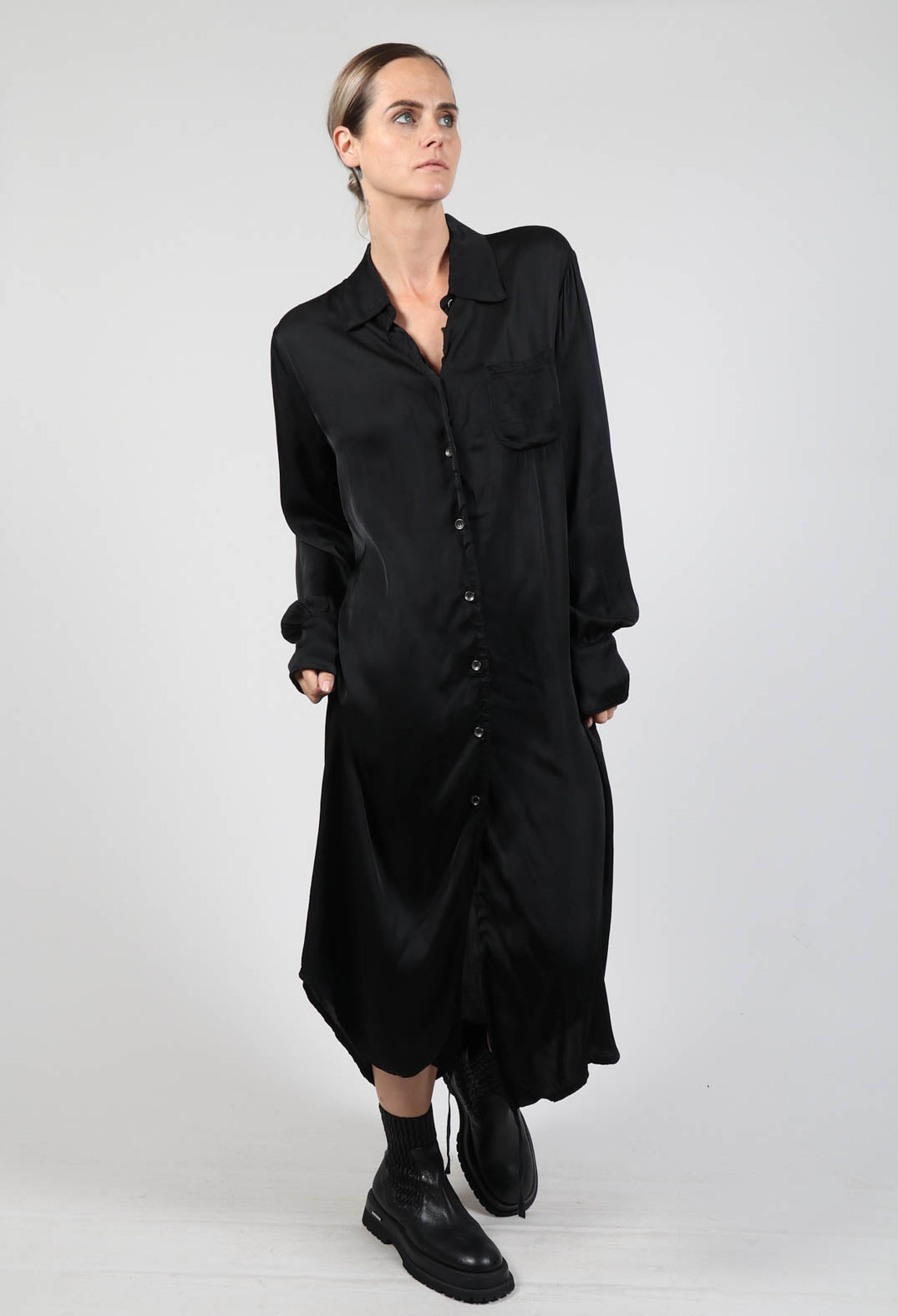 Long Asymmetric Shirt Dress in Raso Nero