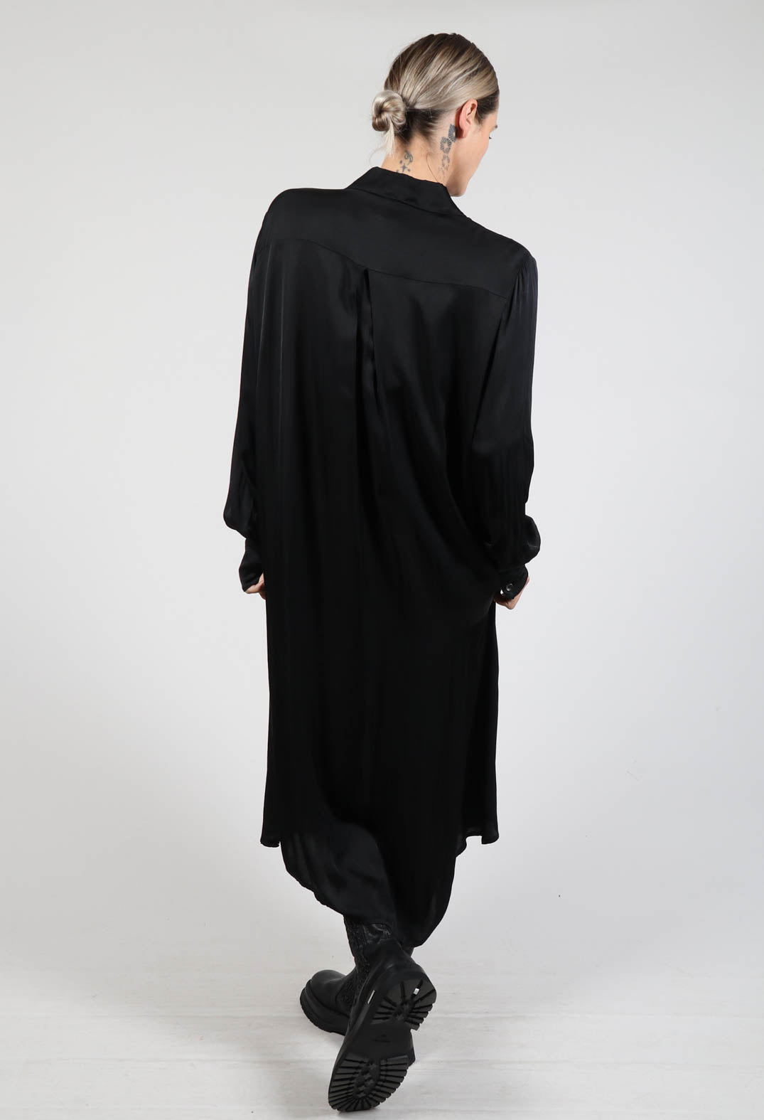 Long Asymmetric Shirt Dress in Raso Nero