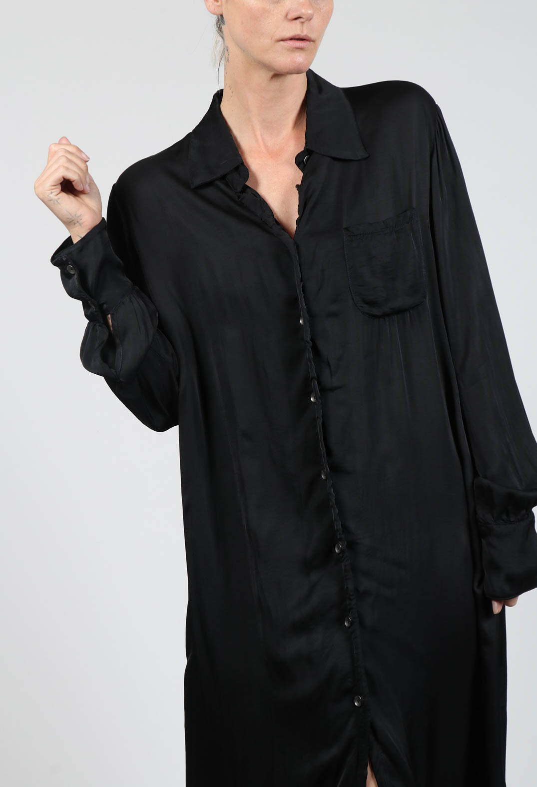 Long Asymmetric Shirt Dress in Raso Nero