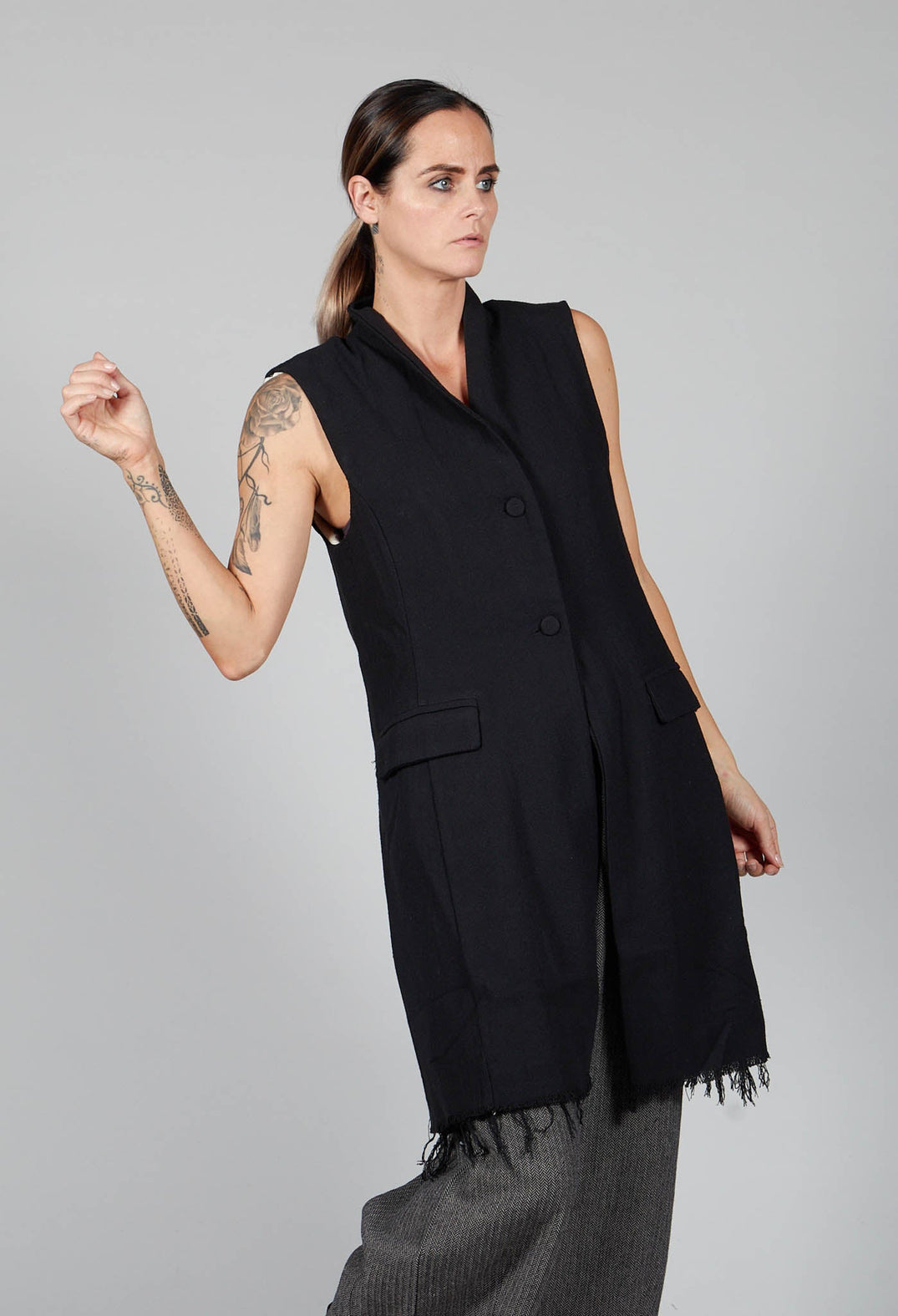Long Button Up Vest in Black