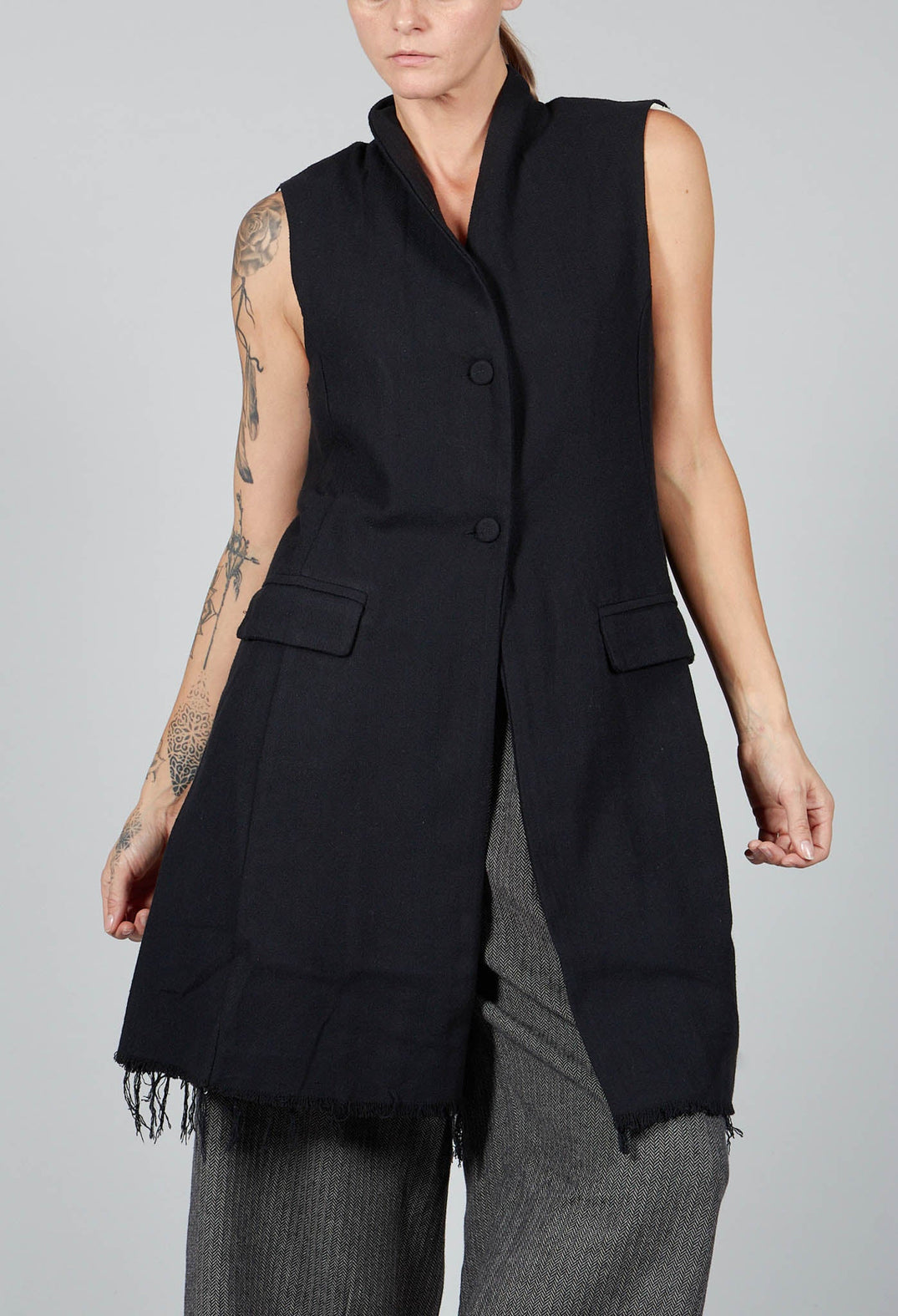 Long Button Up Vest in Black