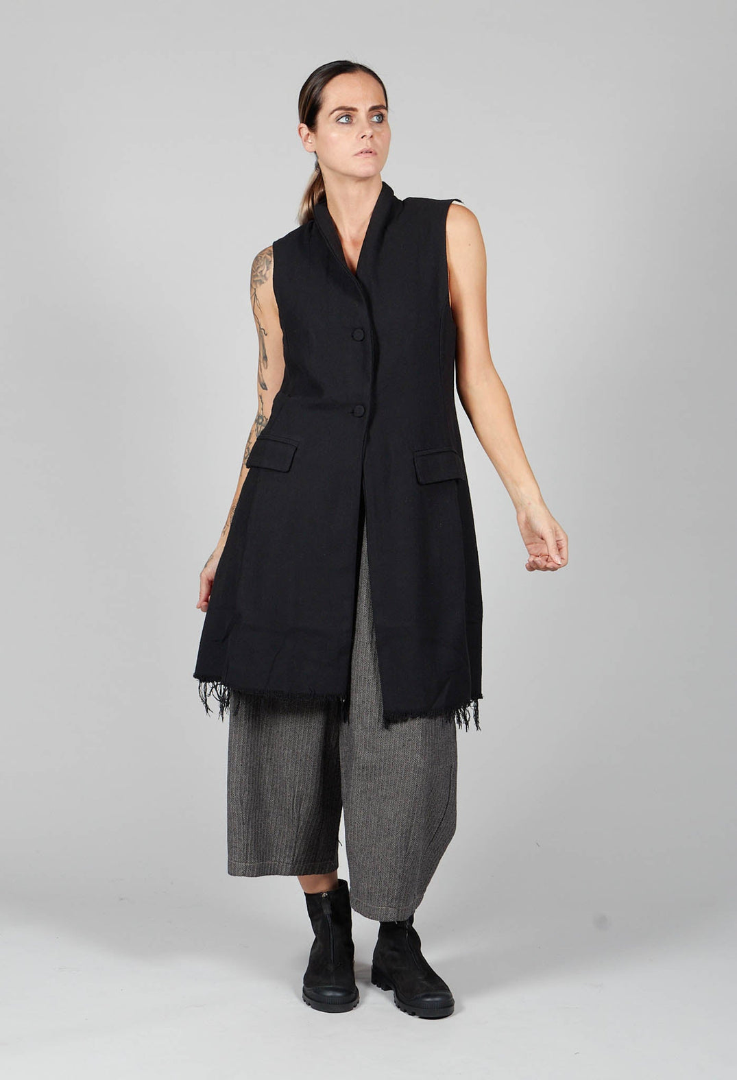 Long Button Up Vest in Black