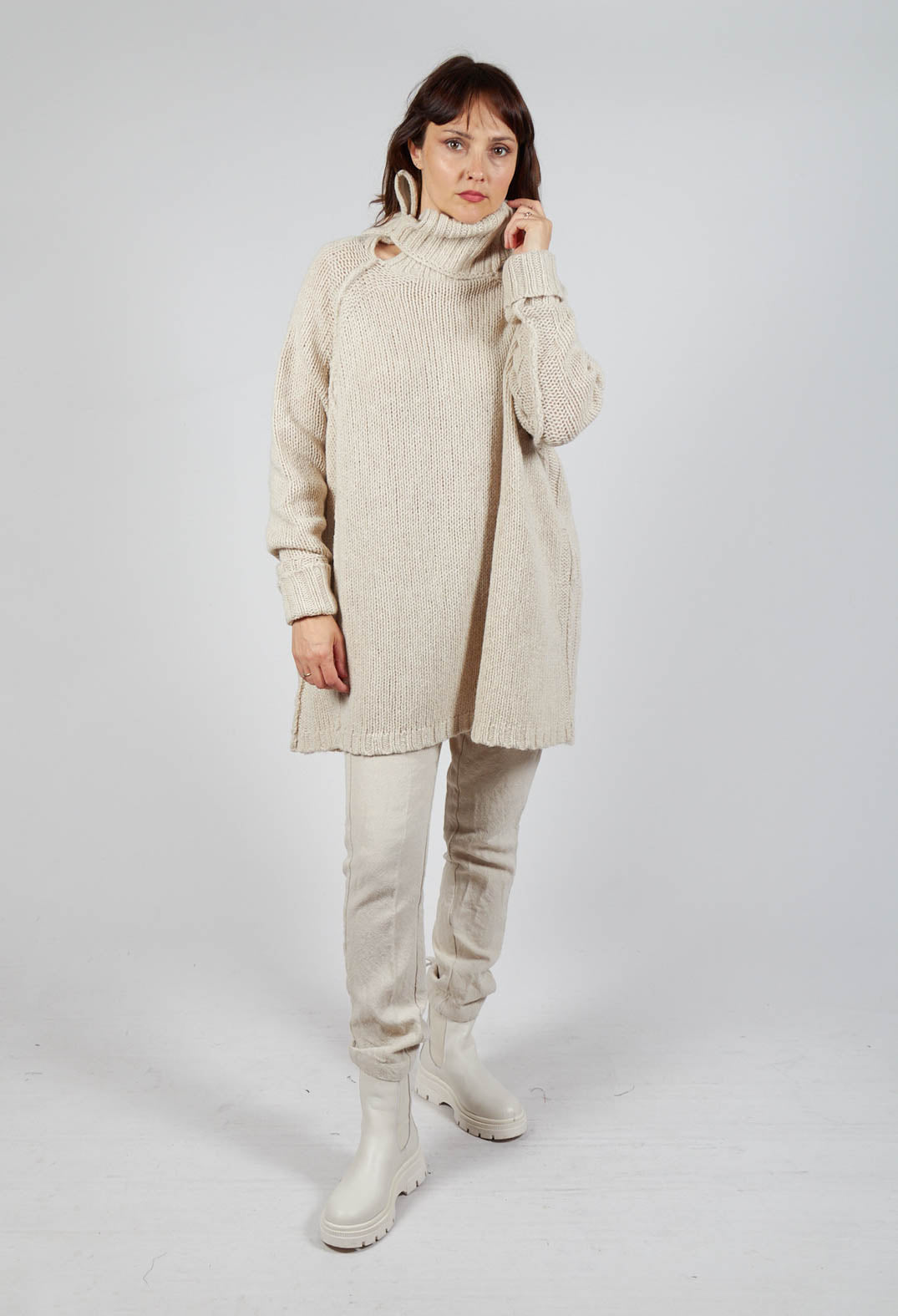 Long Relaxed Roll Neck Jumper in Bone Mel