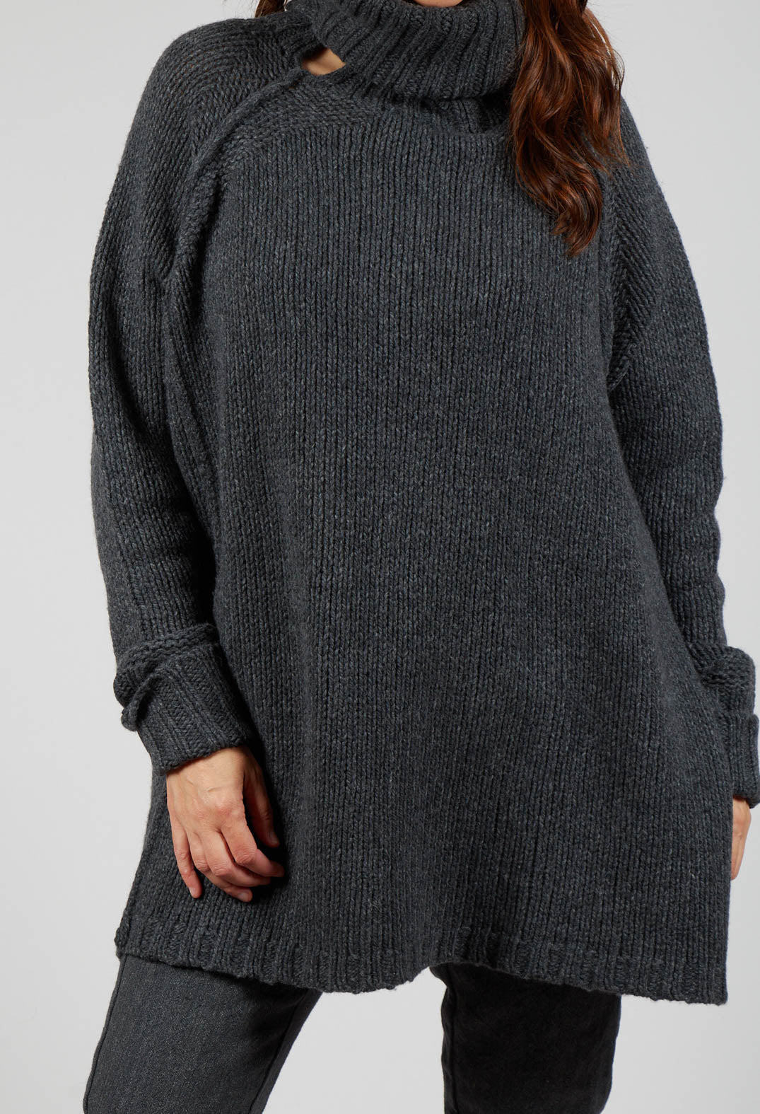 Long Relaxed Roll Neck Jumper in Slate Mel