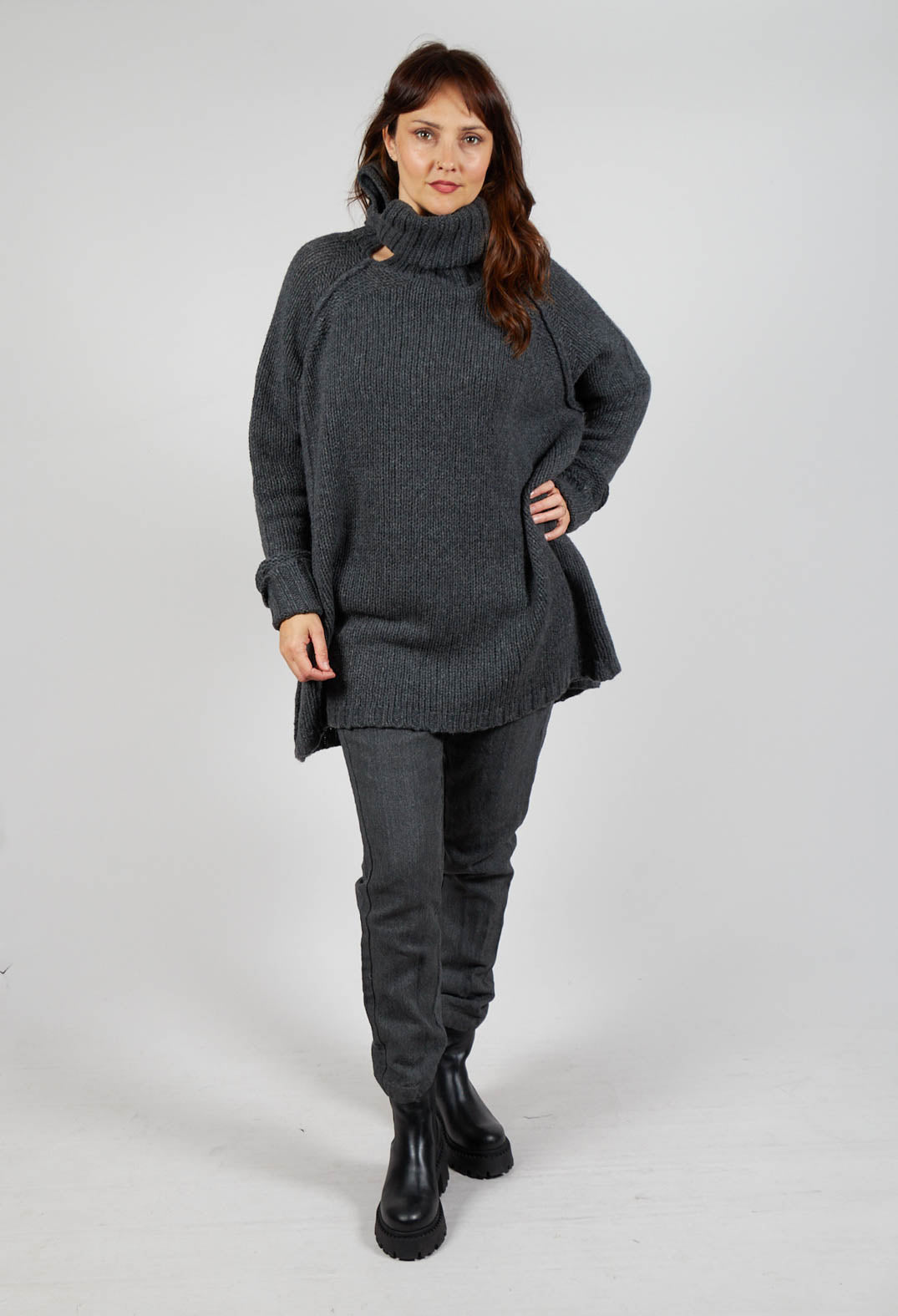 Long Relaxed Roll Neck Jumper in Slate Mel