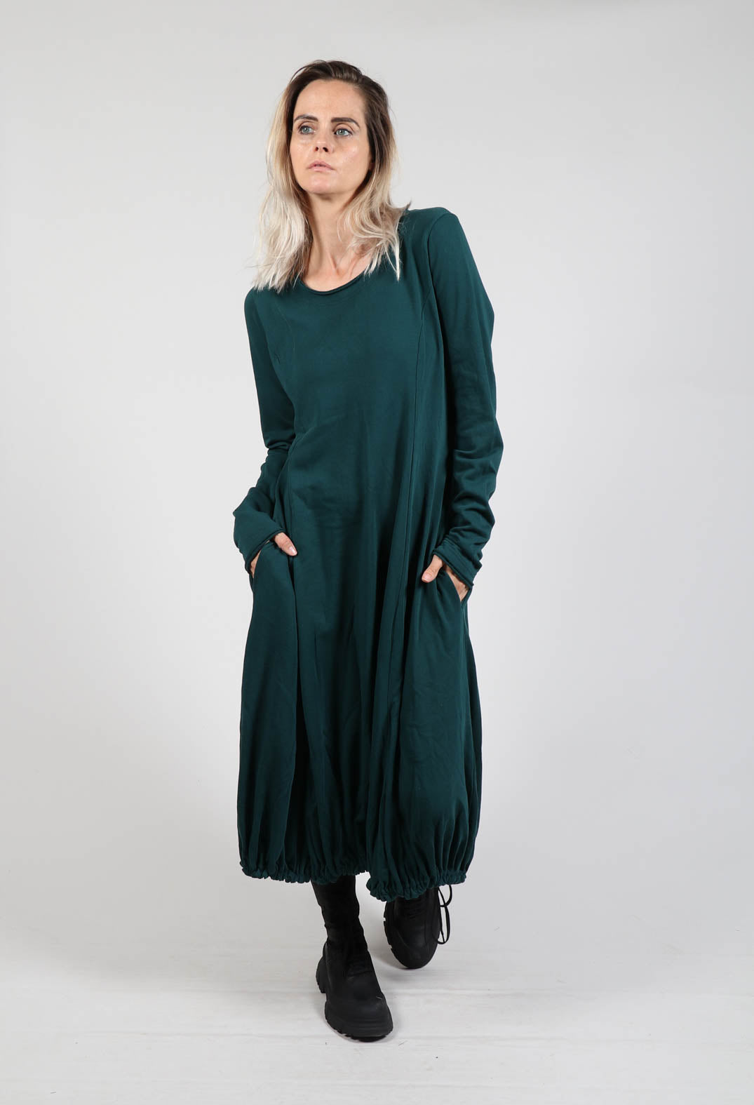 Long Sleeve Dress with Gathered Hem in Forest