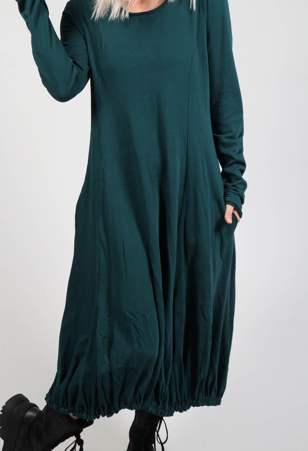 Long Sleeve Dress with Gathered Hem in Forest
