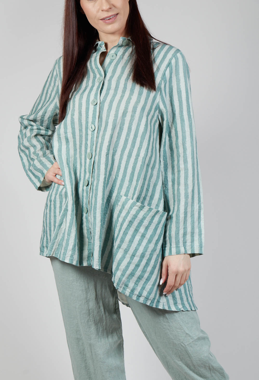 Long Sleeve Linen Stripe  Jacket in Teal