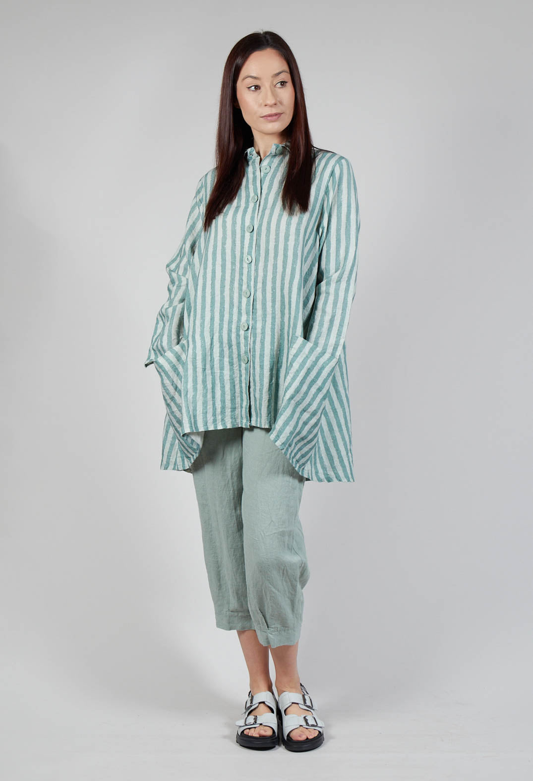 Long Sleeve Linen Stripe  Jacket in Teal