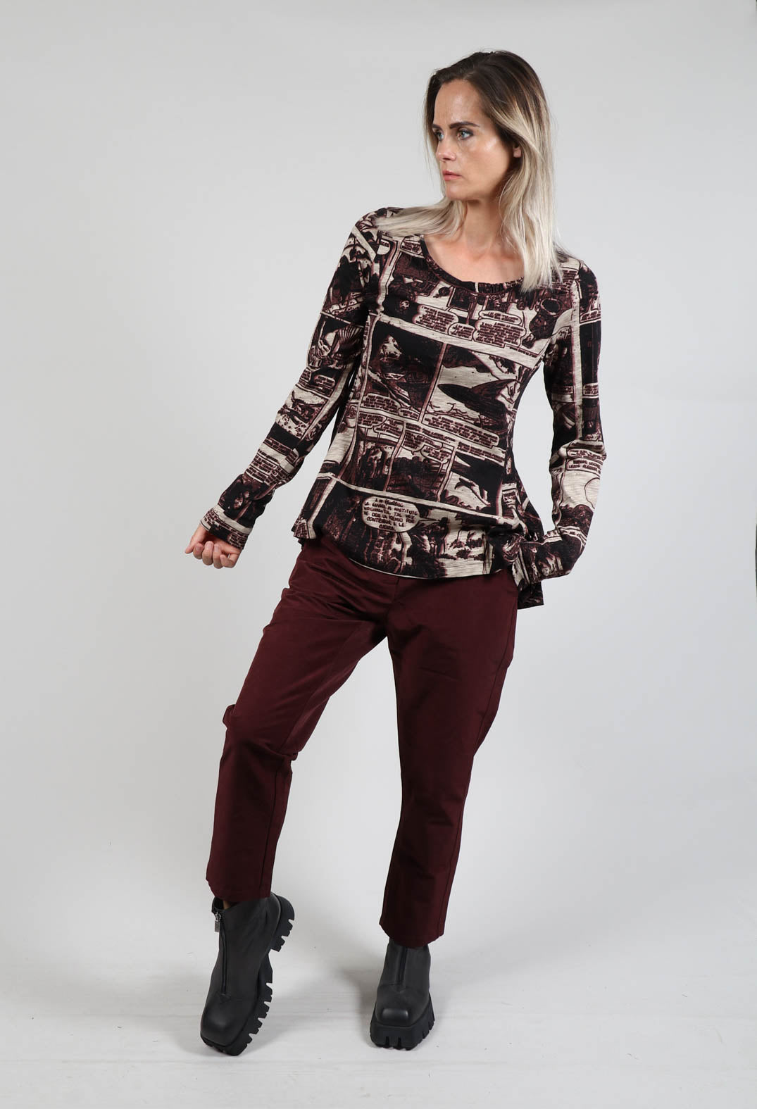 Long Sleeve T-Shirt with High Low Hem in Wood Print