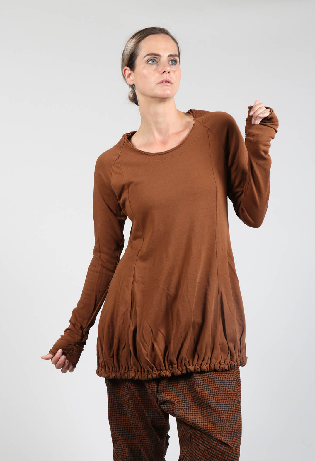 Long Sleeve Top with Gathered Hem in Brick