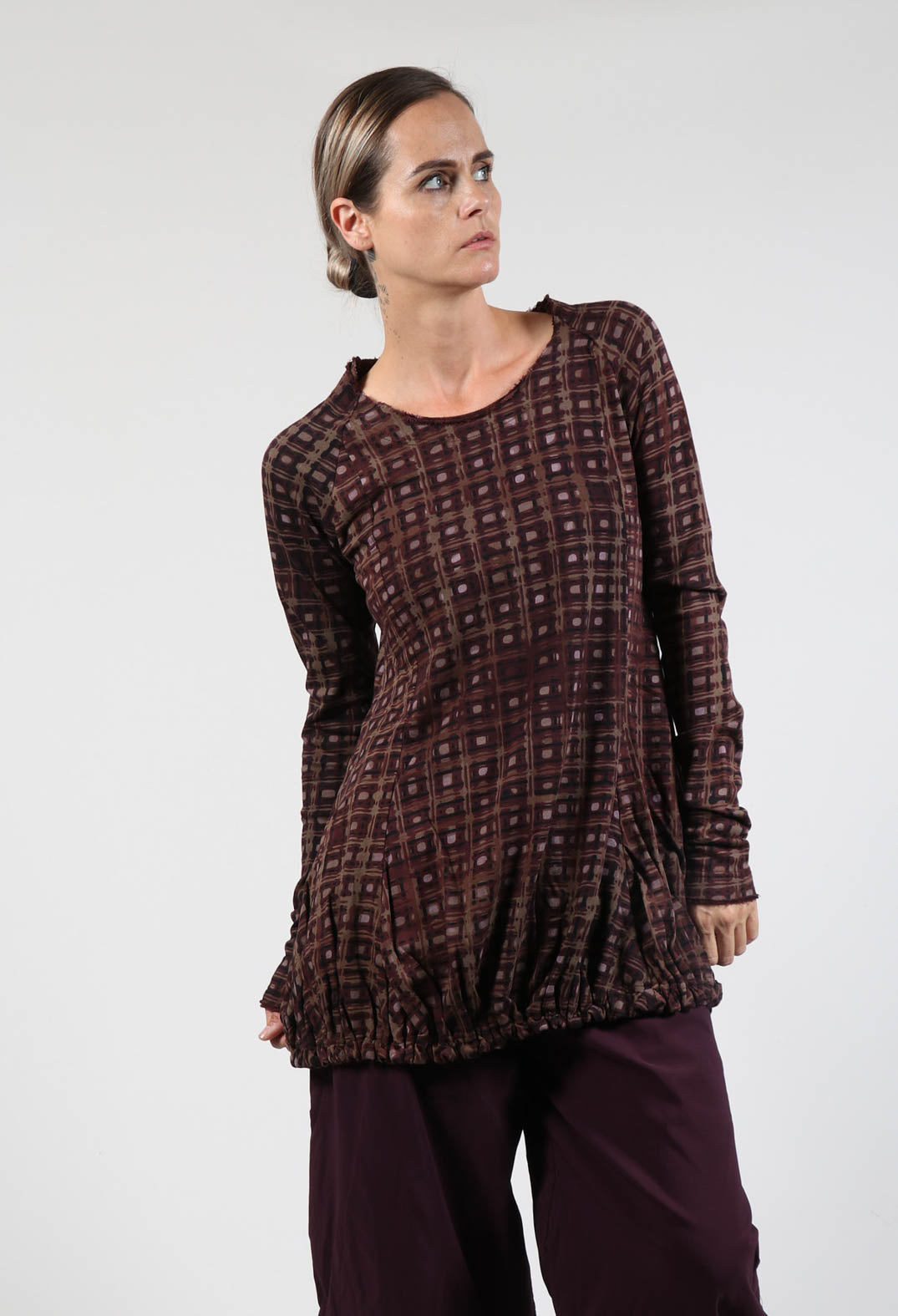 Long Sleeve Top with Gathered Hem in Bronze Check