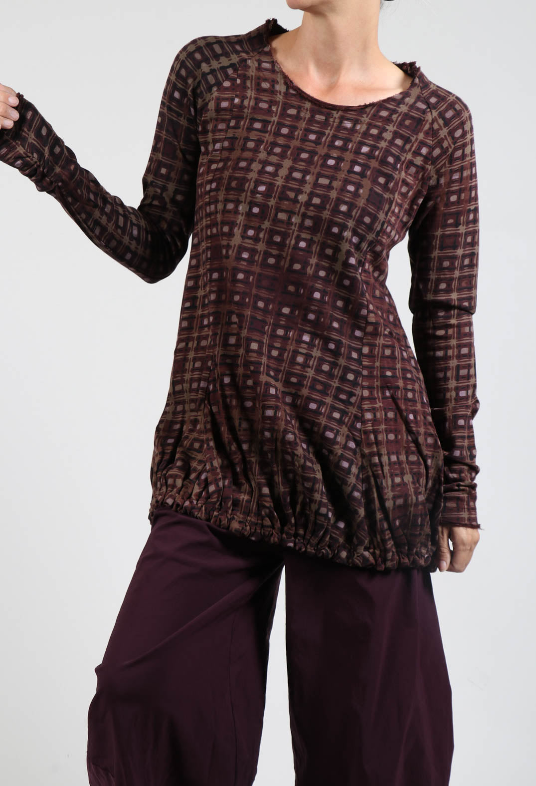 Long Sleeve Top with Gathered Hem in Bronze Check