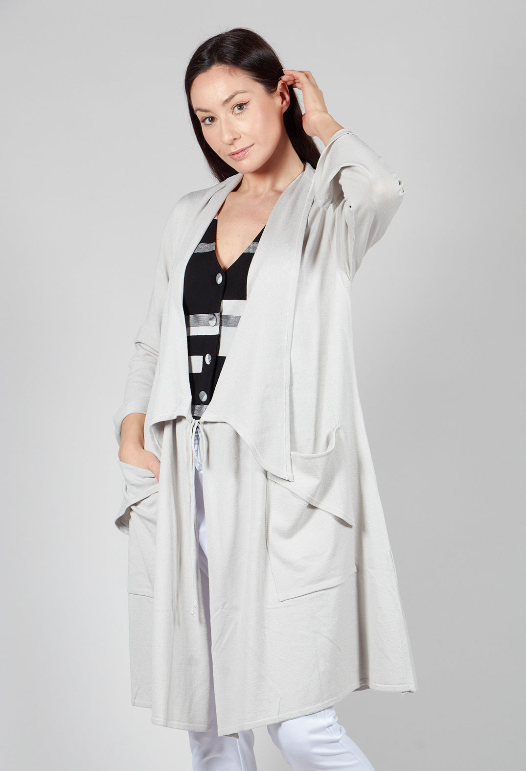 Longline Cardigan with Pockets in Silver