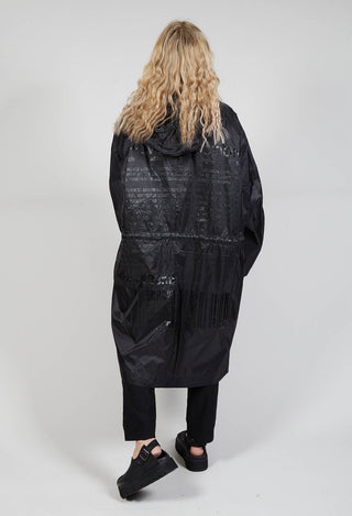 Longline Coat with Hood in Black Print