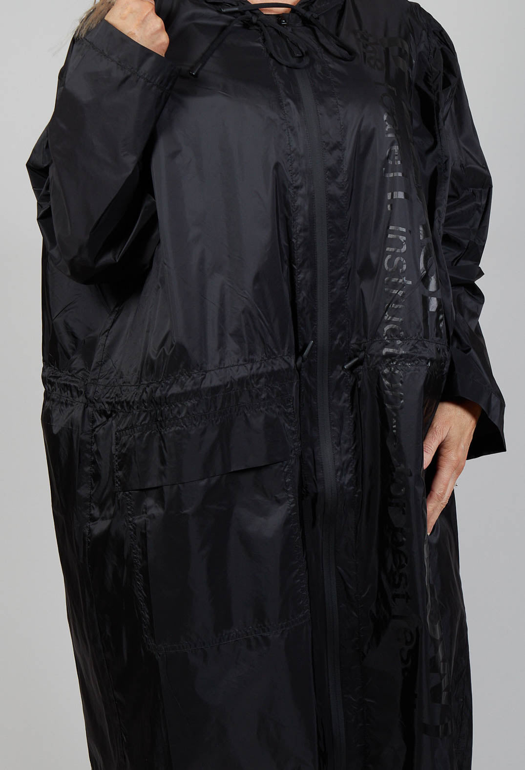 Longline Coat with Hood in Black Print