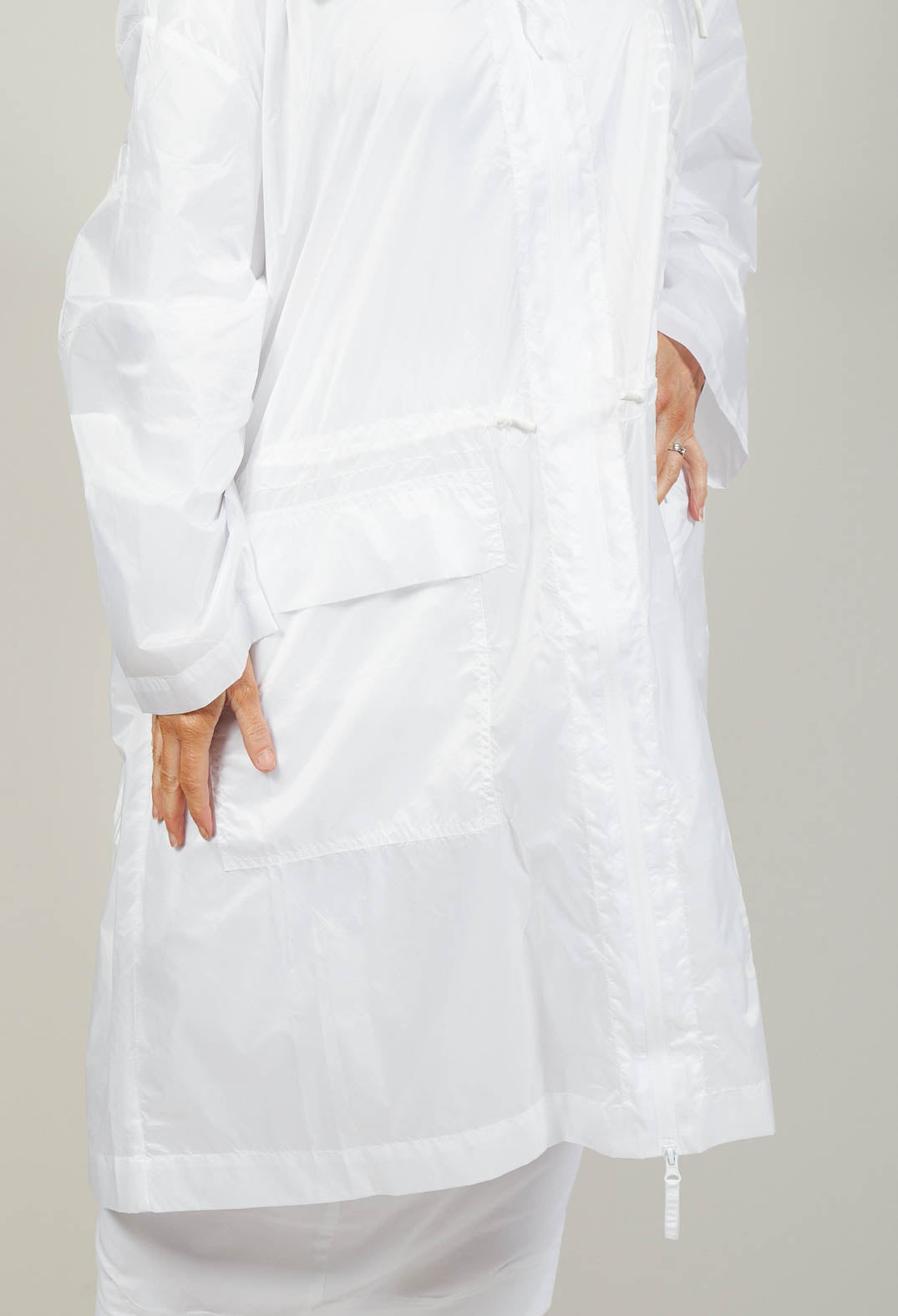 Longline Coat with Hood in White Print