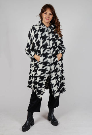 Longline Hooded Cardigan in Black Bone Jacquard