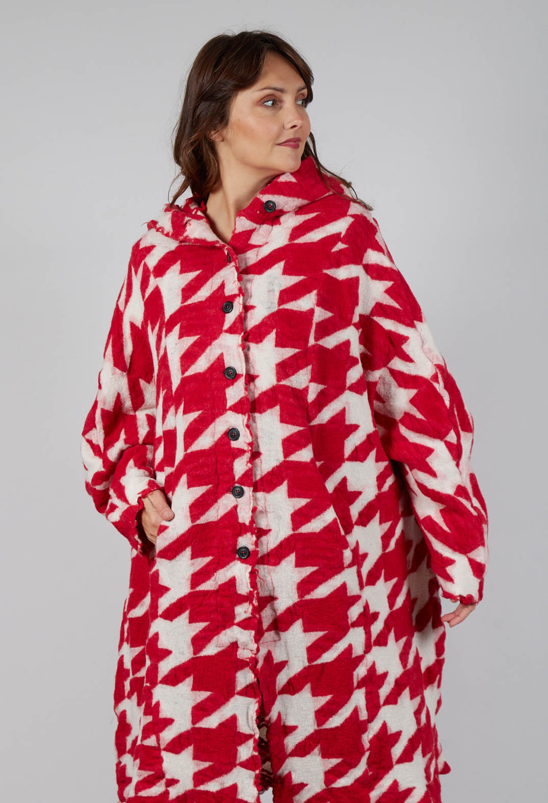 Longline Hooded Cardigan in Cardinal Bone Jacquard