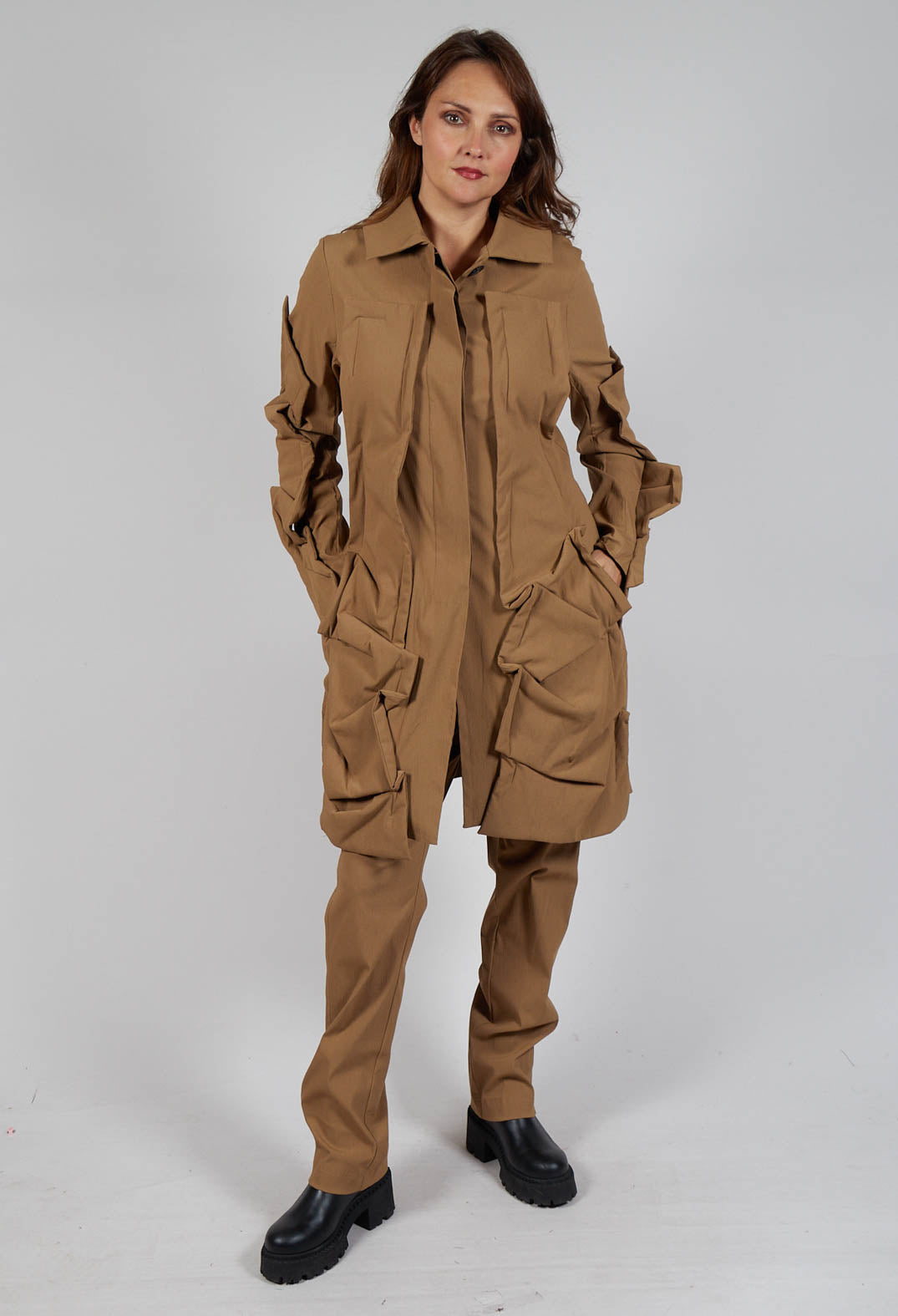 Longline Ruched Coat in Camel