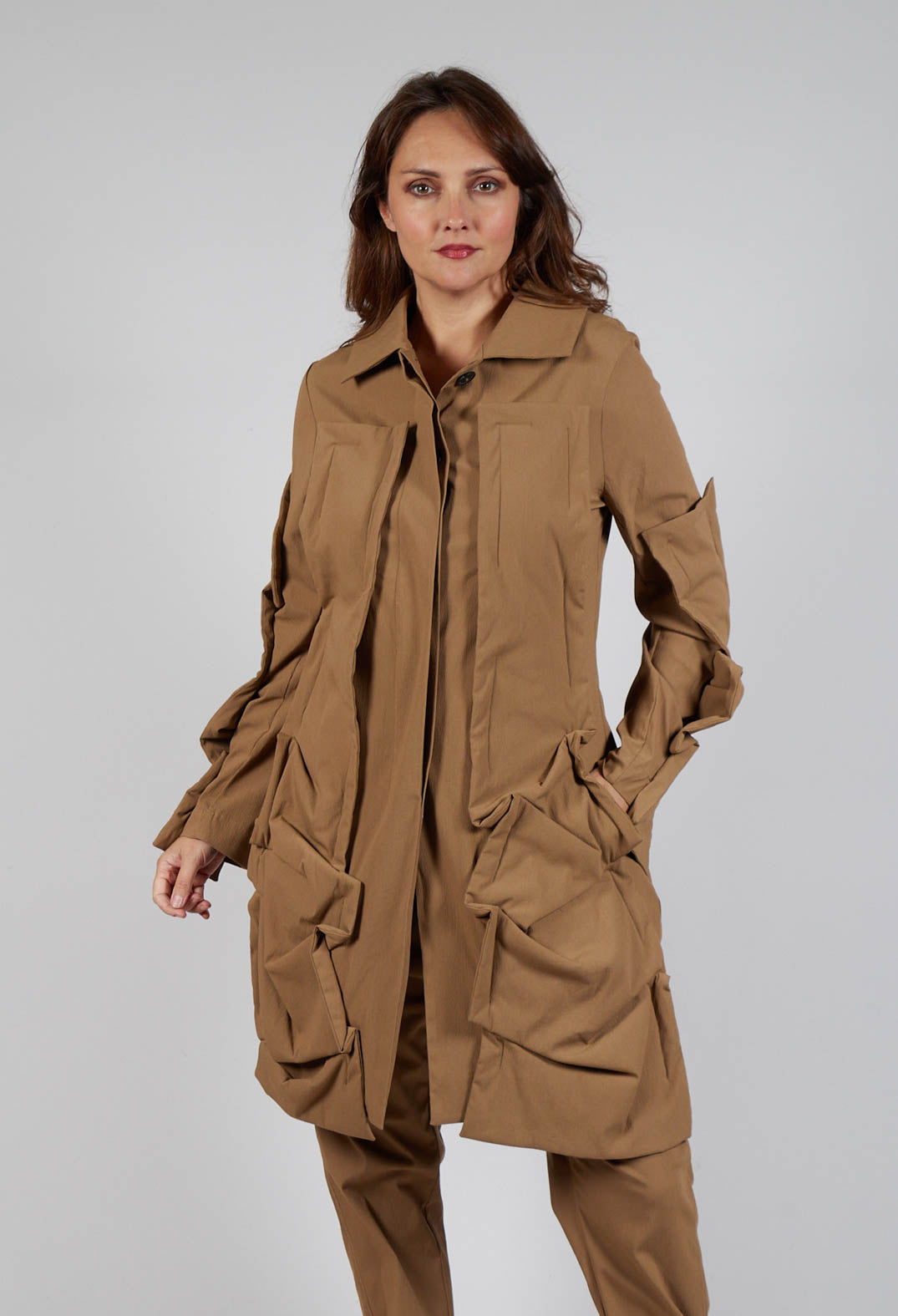 Longline Ruched Coat in Camel