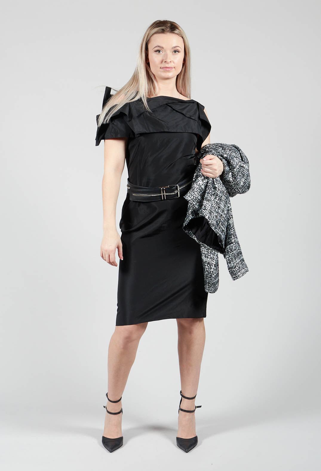 Structured Dress with Pleated Shoulder in Black