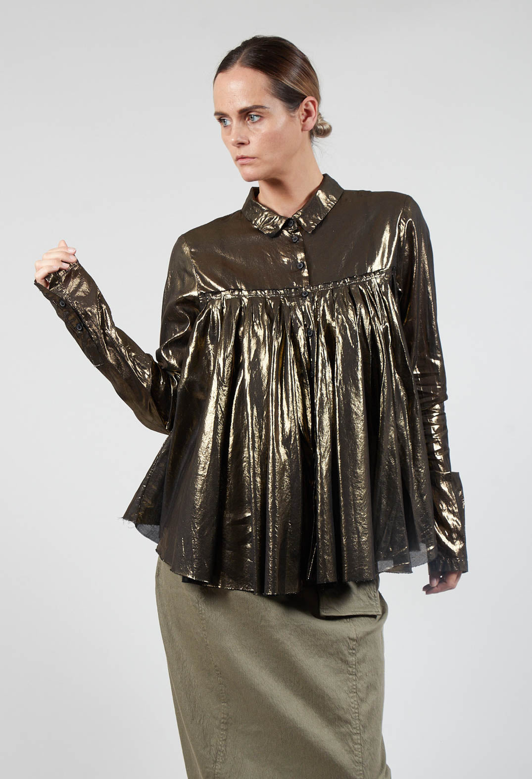Metallic Button Up Blouse in Gold Black