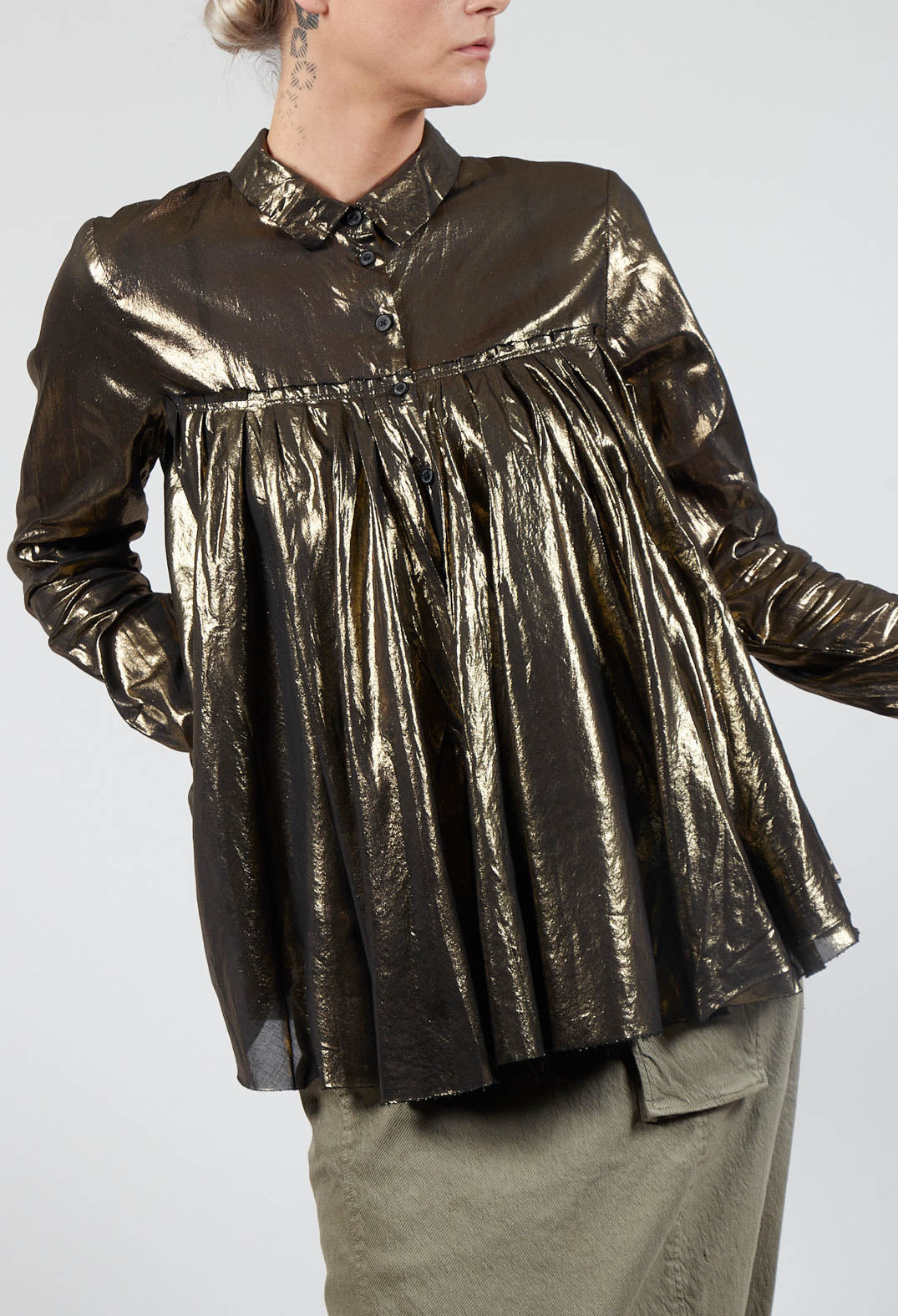Metallic Button Up Blouse in Gold Black