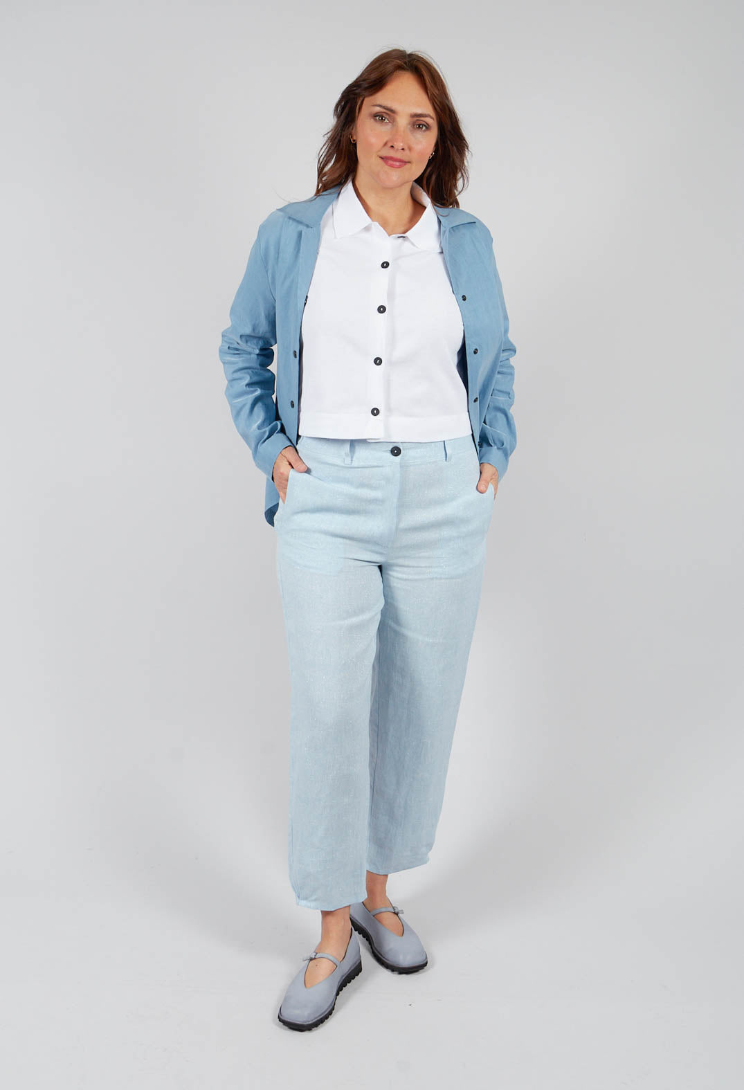 Metallic Trousers in Light Blue