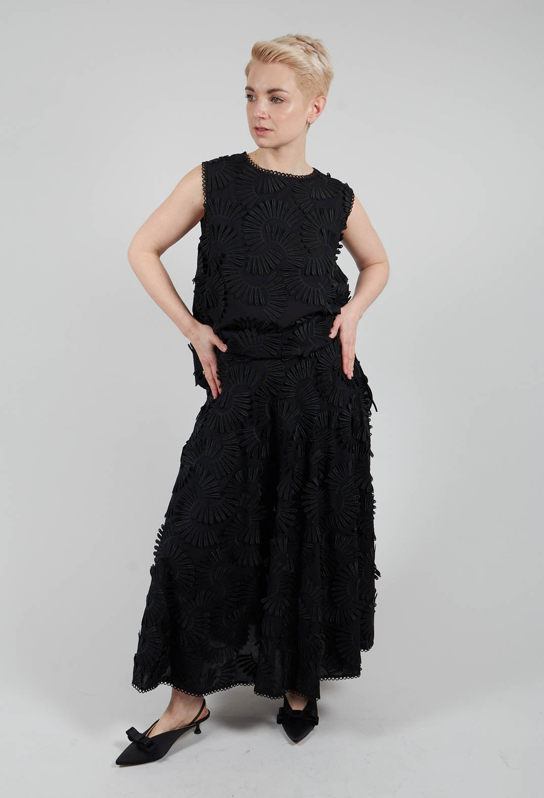 Nova Cotton Skirt with Embossed Flowers in Black