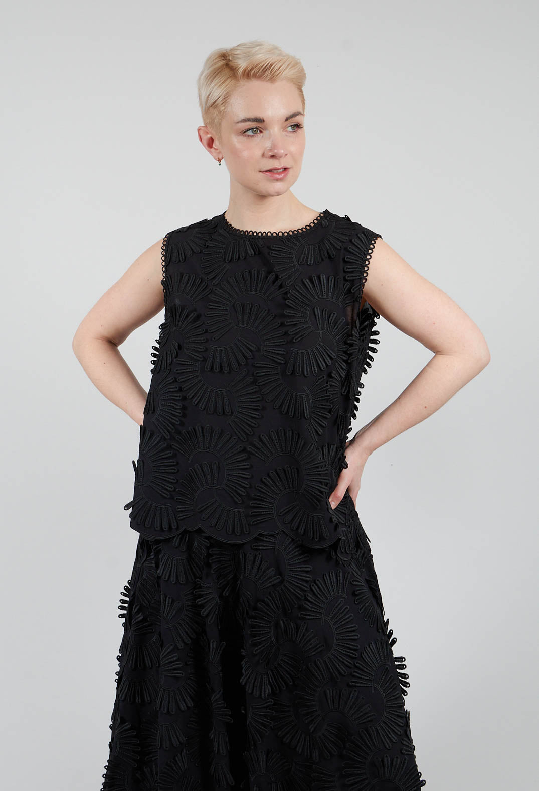 Nova Cotton Top with Embossed Flowers in Black