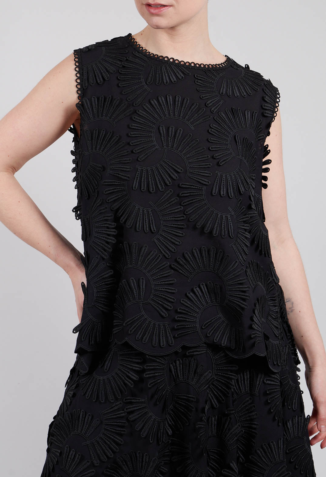 Nova Cotton Top with Embossed Flowers in Black