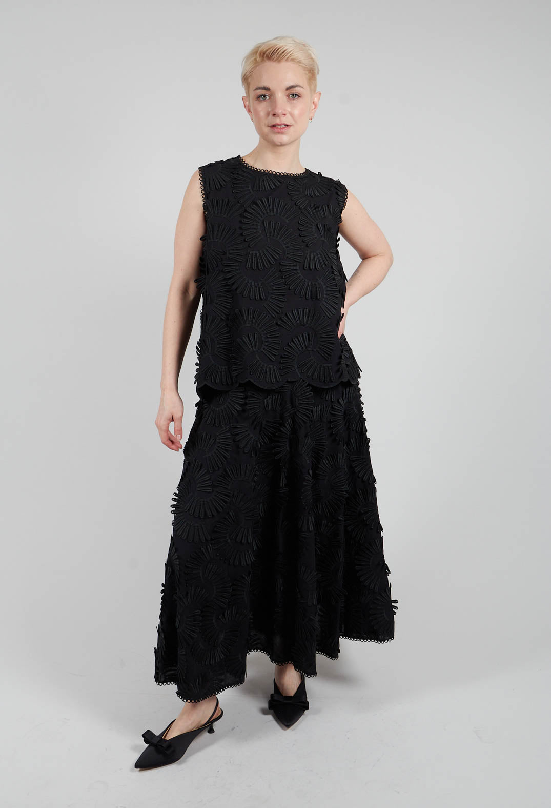 Nova Cotton Top with Embossed Flowers in Black