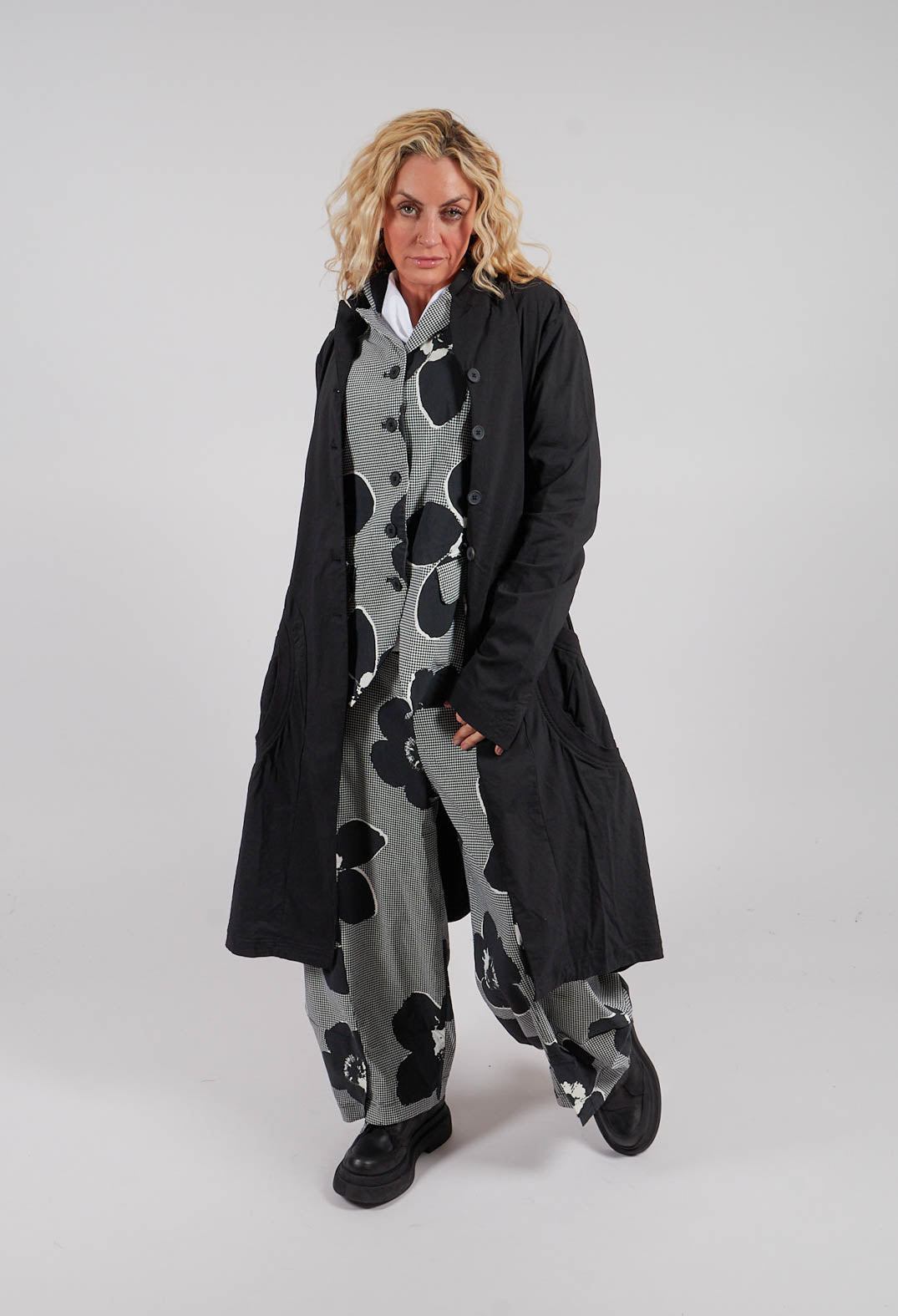 Tulip Hem Coat with Circular Pockets in Black - 3631213
